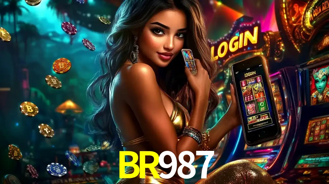 Mulher em um cenário de cassino temático de aventura, mostrando o app de caça-níqueis da BR987 no celular. Fichas de apostas flutuam ao redor.