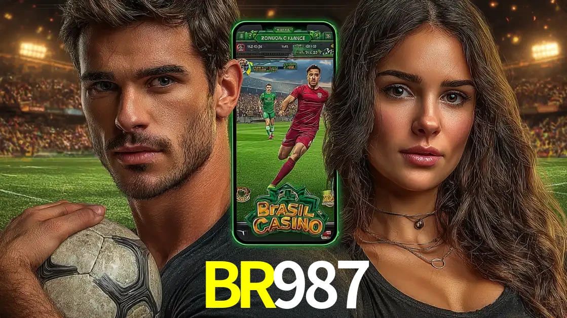 Homem segurando uma bola de futebol e uma mulher ao lado de um smartphone exibindo o jogo de apostas esportivas da BR987. Faça seu palpite no cassino online.